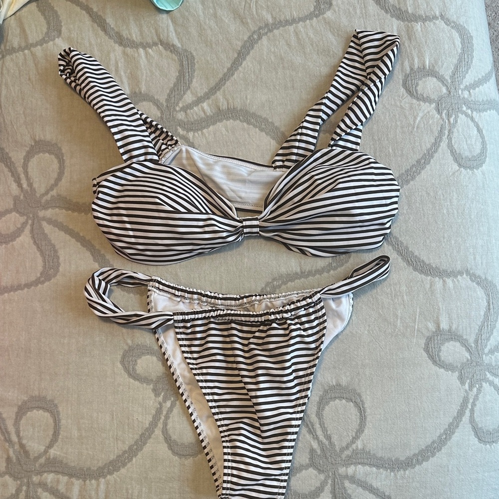 Striped brown and White Bikini Set